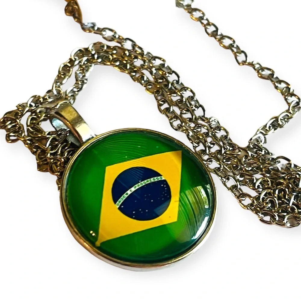 NEW Brazil Flag Silver Tone Charm Necklace Casual Fashion Jewelry Brasil Unisex